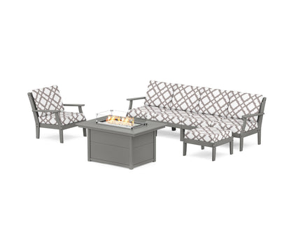 POLYWOOD® Braxton Sectional Lounge and Fire Pit Set in Slate Grey / Trellis Grey Mist