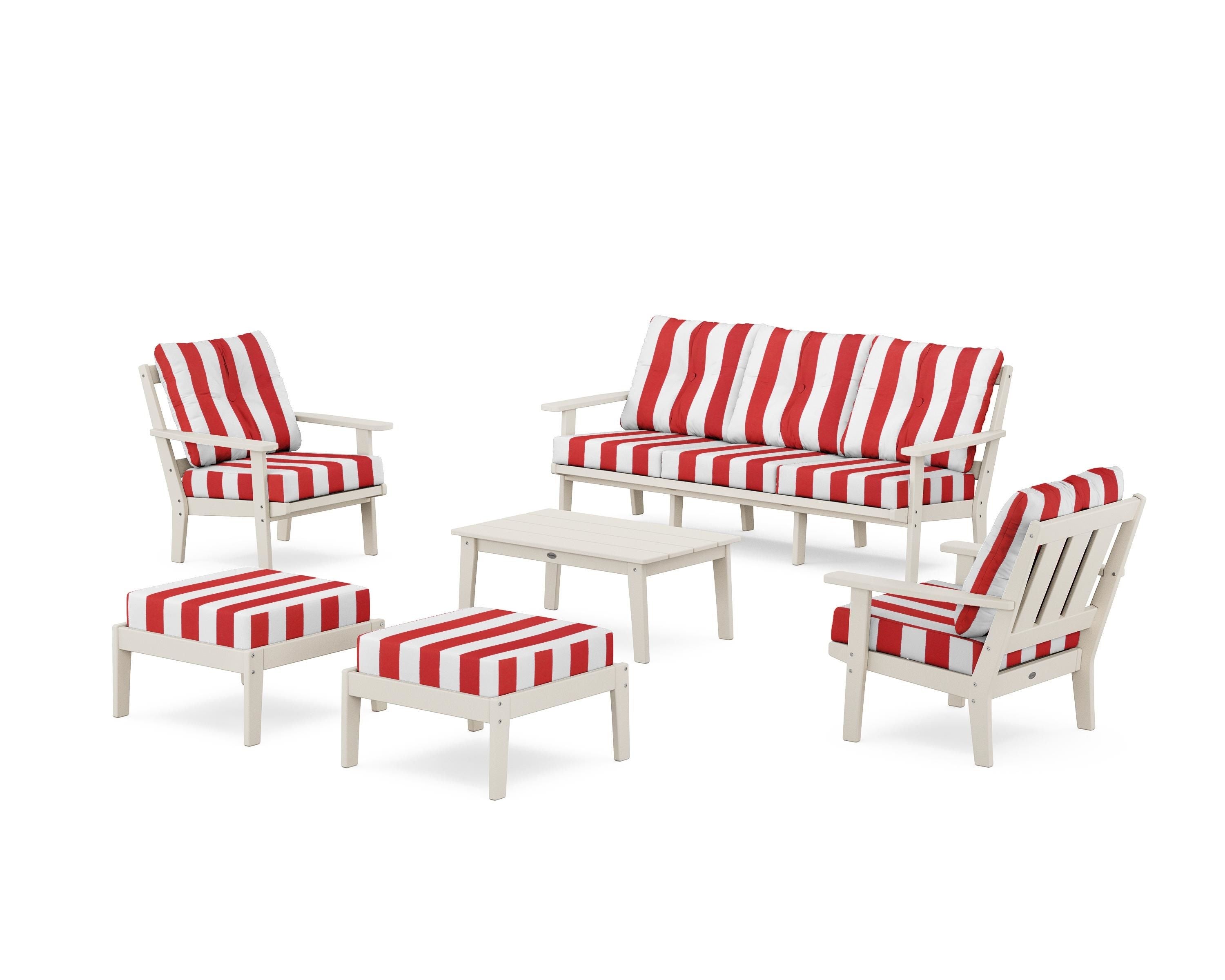 POLYWOOD® Oxford 6-Piece Lounge Sofa Set in Sand / Cabana Stripe Crimson