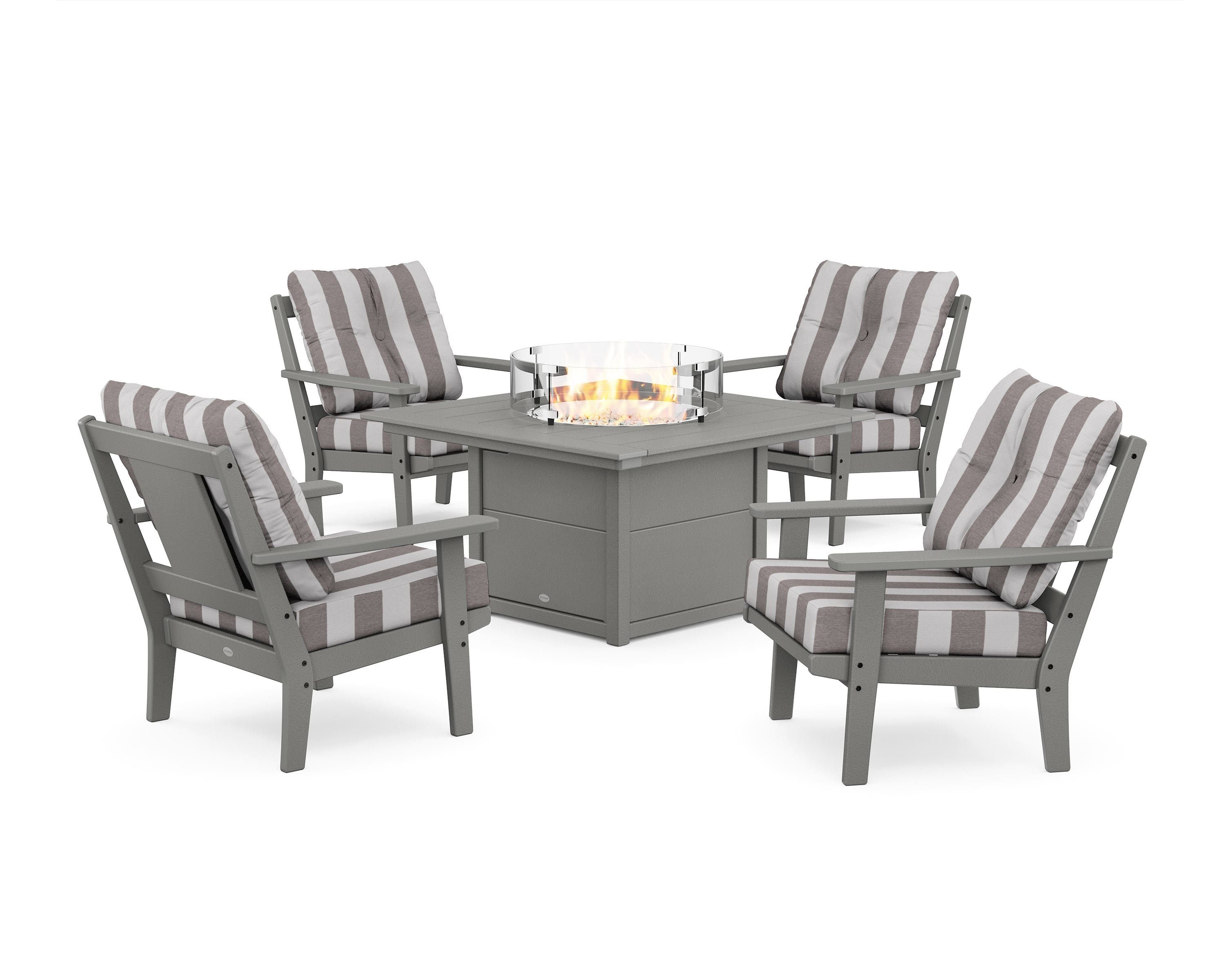POLYWOOD® Prairie 5-Piece Deep Seating Set with Fire Pit Table in Slate Grey / Cabana Stripe Grey Mist