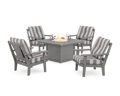 POLYWOOD® Prairie 5-Piece Deep Seating Set with Fire Pit Table in Slate Grey / Cabana Stripe Grey Mist