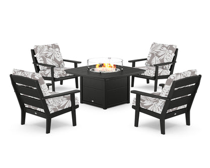 POLYWOOD® Lakeside 5-Piece Deep Seating Set with Nautical Fire Pit Table in Black / Leaf Grey Mist
