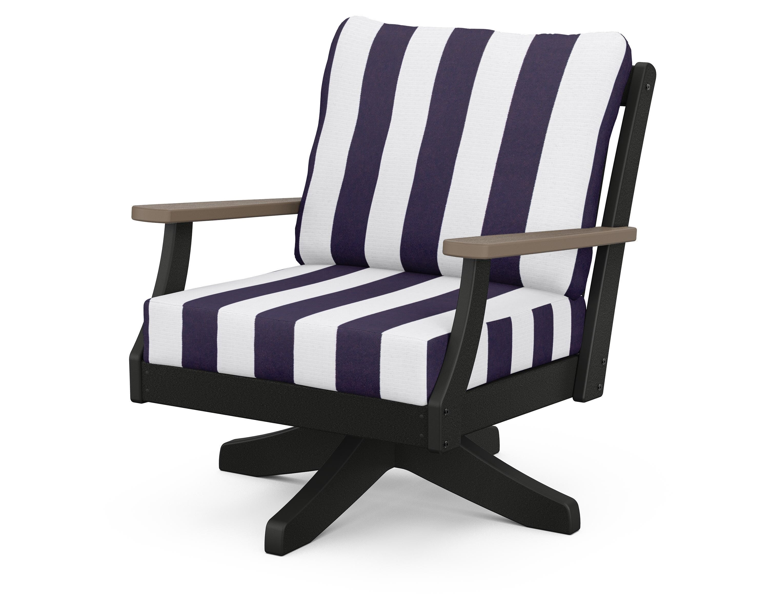 POLYWOOD® Braxton Deep Seating Swivel Chair in Black / Kona / Cabana Stripe Navy