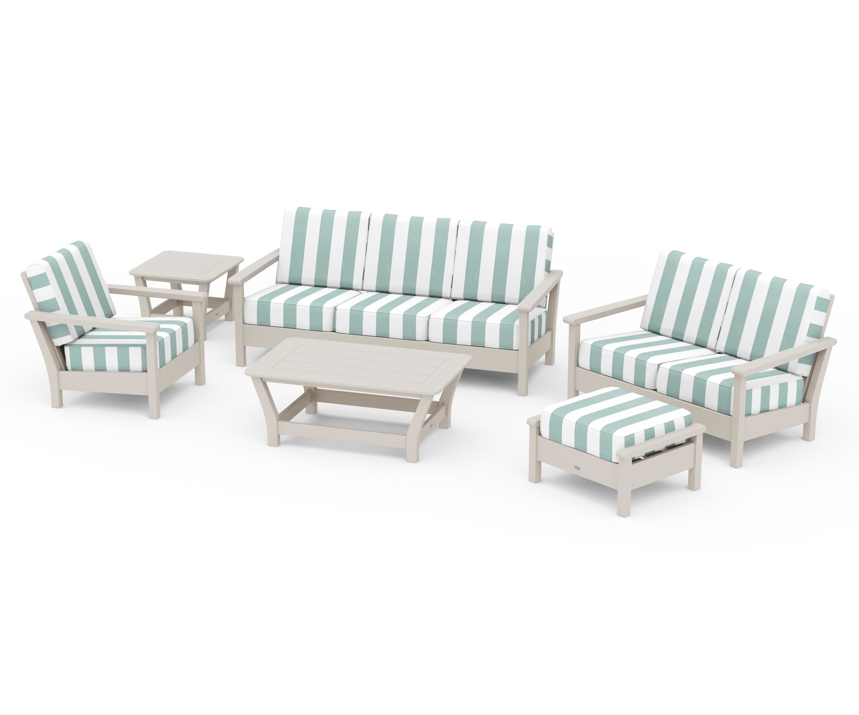 POLYWOOD® Harbour 6-Piece Outdoor Living Set in Sand / Cabana Stripe Glacier Spa