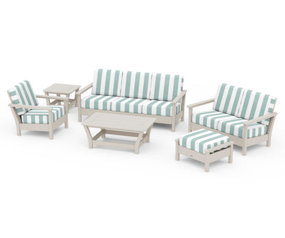 POLYWOOD® Harbour 6-Piece Outdoor Living Set in Sand / Cabana Stripe Glacier Spa