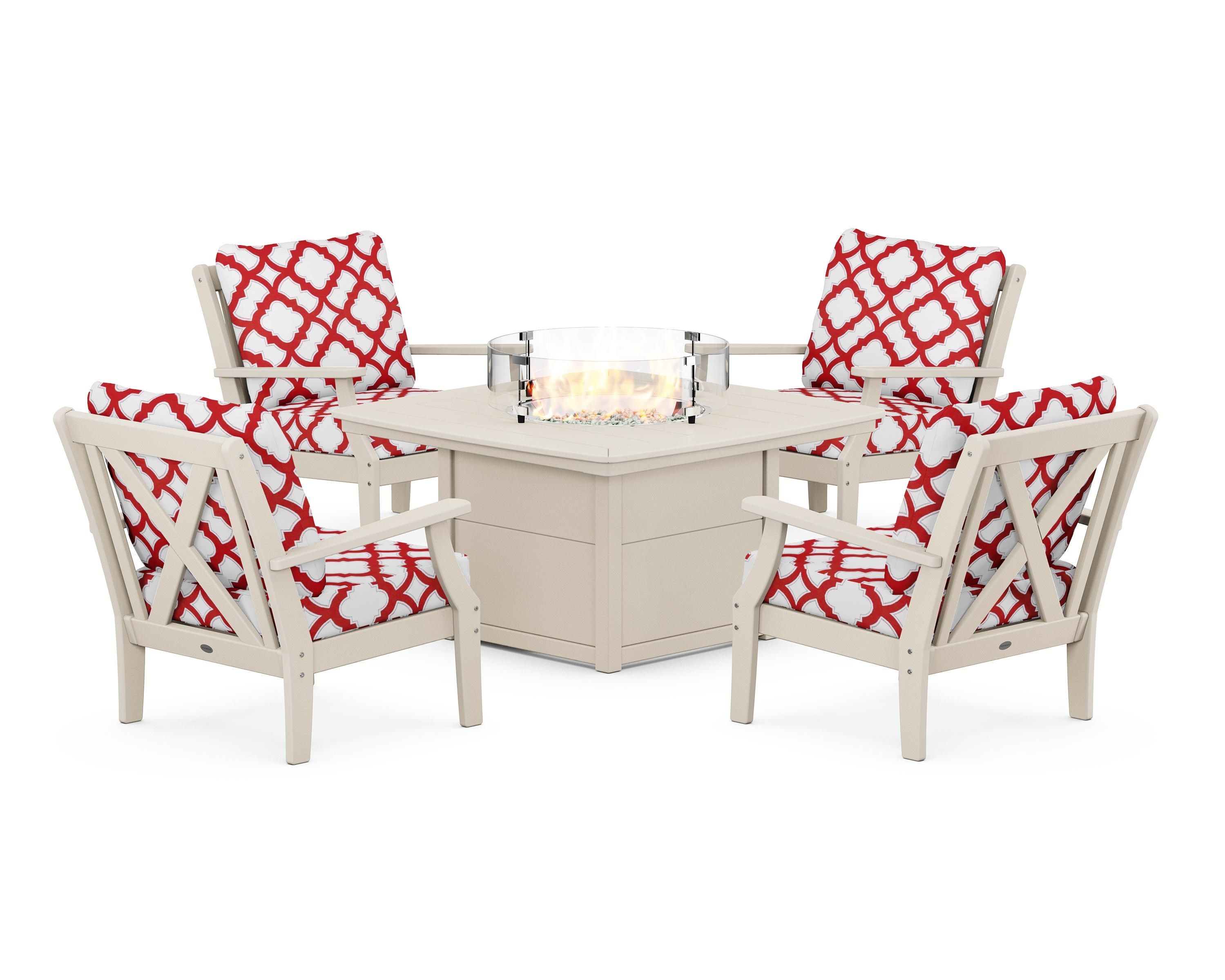 POLYWOOD® Braxton 5-Piece Deep Seating Conversation Set with Fire Pit Table in Sand / Trellis Crimson