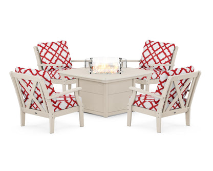 POLYWOOD® Braxton 5-Piece Deep Seating Conversation Set with Fire Pit Table in Sand / Trellis Crimson