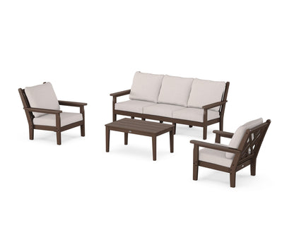 POLYWOOD® Chippendale 4-Piece Deep Seating Set with Sofa in Mahogany / Dune Burlap