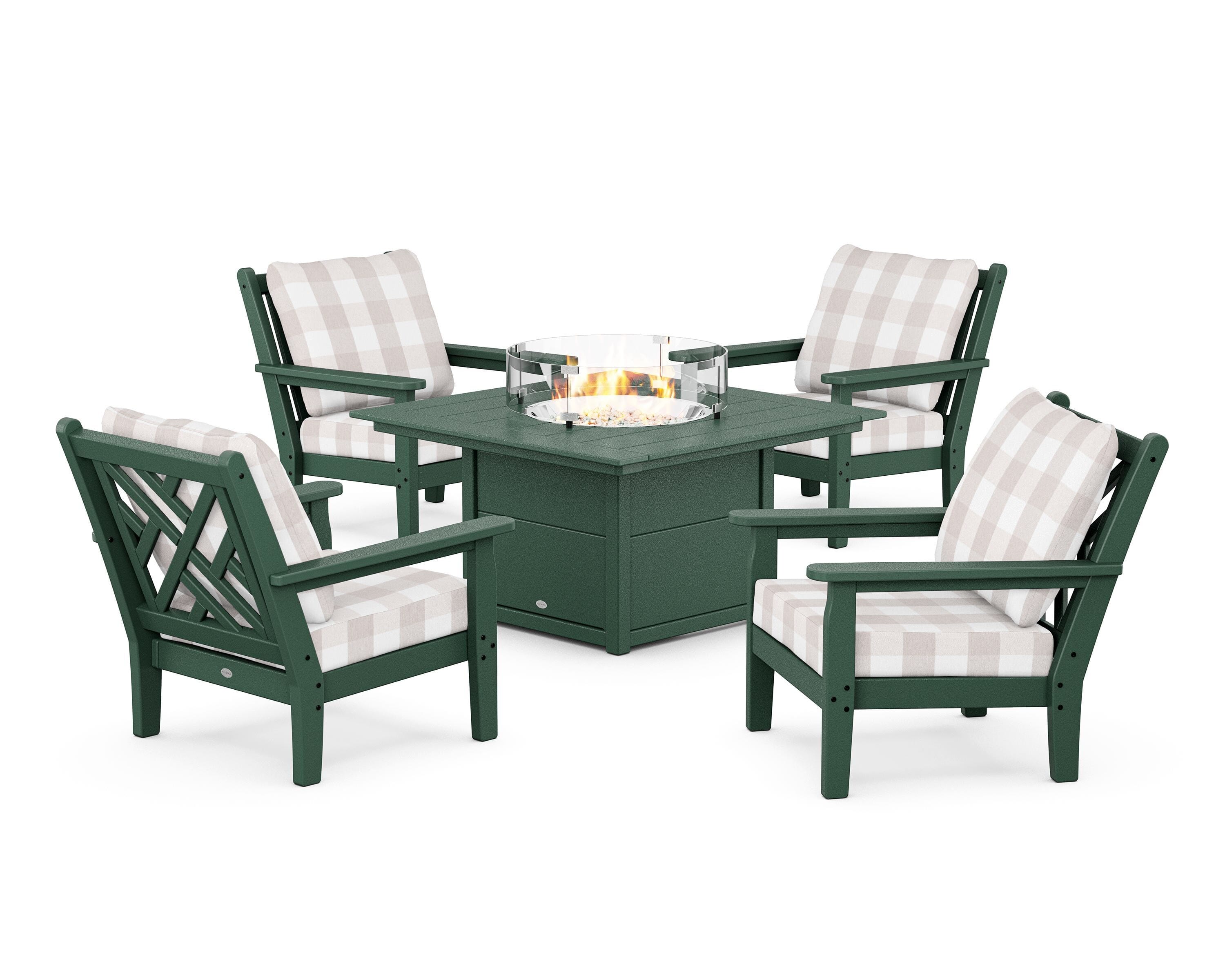 POLYWOOD® Chippendale 5-Piece Deep Seating Set with Fire Pit Table in Green / Buffalo Plaid Dune Burlap
