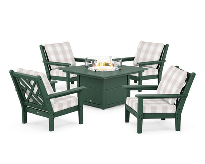POLYWOOD® Chippendale 5-Piece Deep Seating Set with Fire Pit Table in Green / Buffalo Plaid Dune Burlap