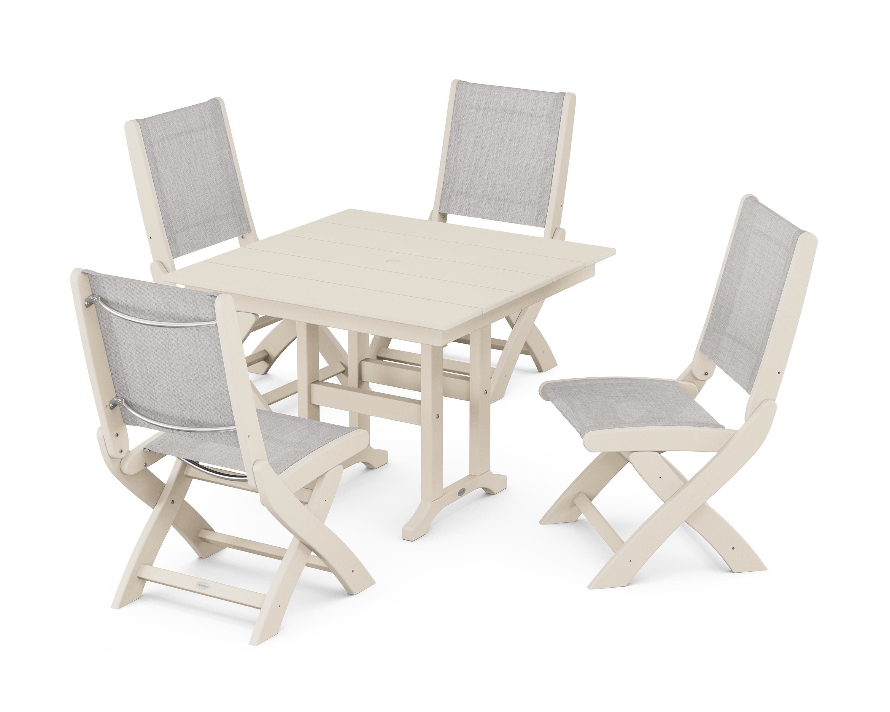 POLYWOOD® Coastal Folding Side Chair 5-Piece Farmhouse Dining Set in Sand / Parchment Sling