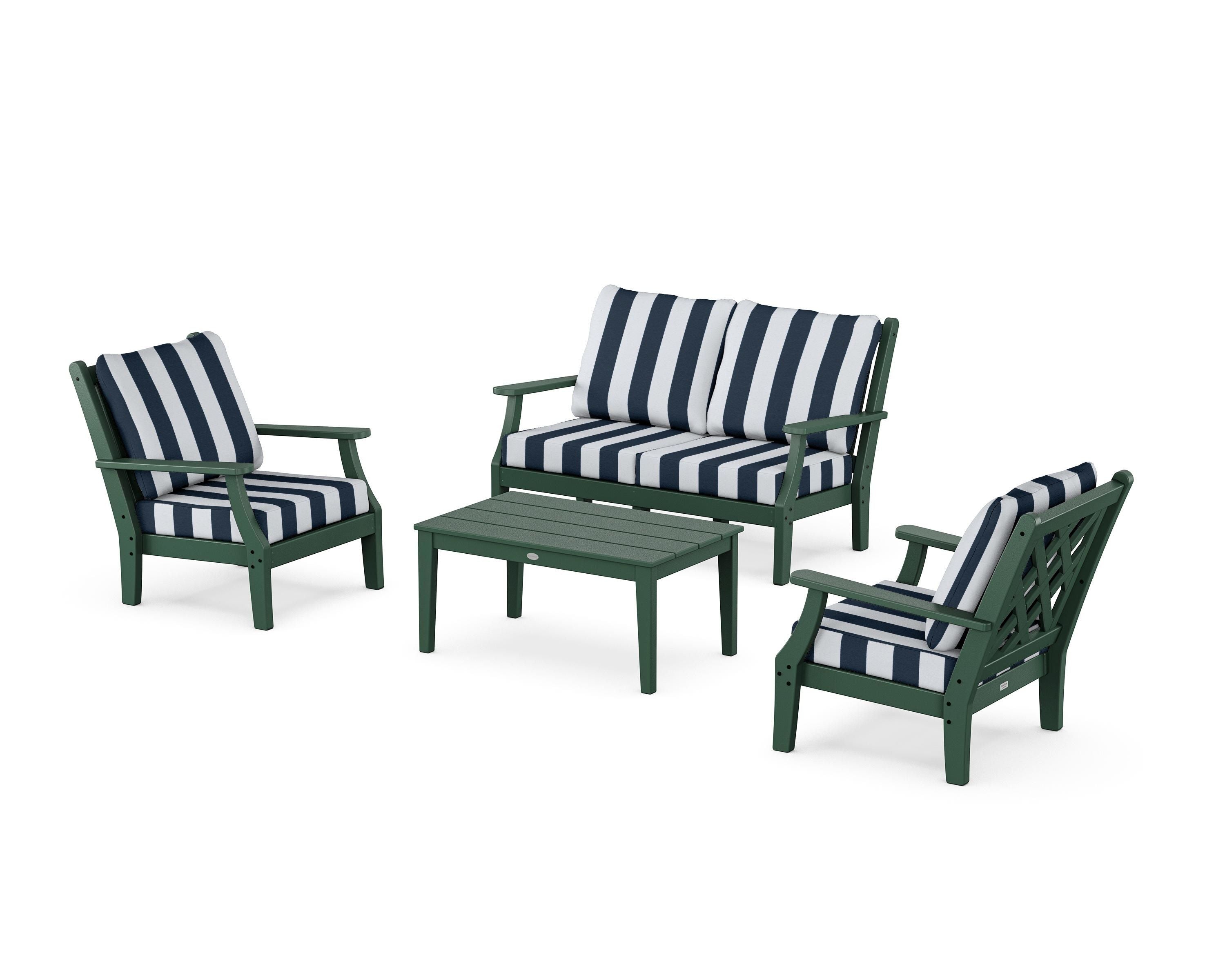 Country Living Wovendale 4-Piece Deep Seating Set with Loveseat in Green / Cabana Stripe Marine Indigo