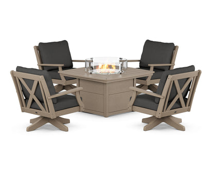 POLYWOOD® Braxton 5-Piece Deep Seating Swivel Conversation Set with Fire Pit Table in Vintage Sahara / Spectrum Carbon