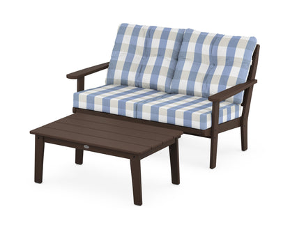 POLYWOOD® Lakeside 2-Piece Lounge Loveseat Set in Mahogany / Buffalo Plaid Sky Blue