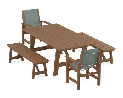 POLYWOOD® Coastal 5-Piece Rustic Farmhouse Dining Set With Benches in Teak / Dupioni Sea Mist Sling