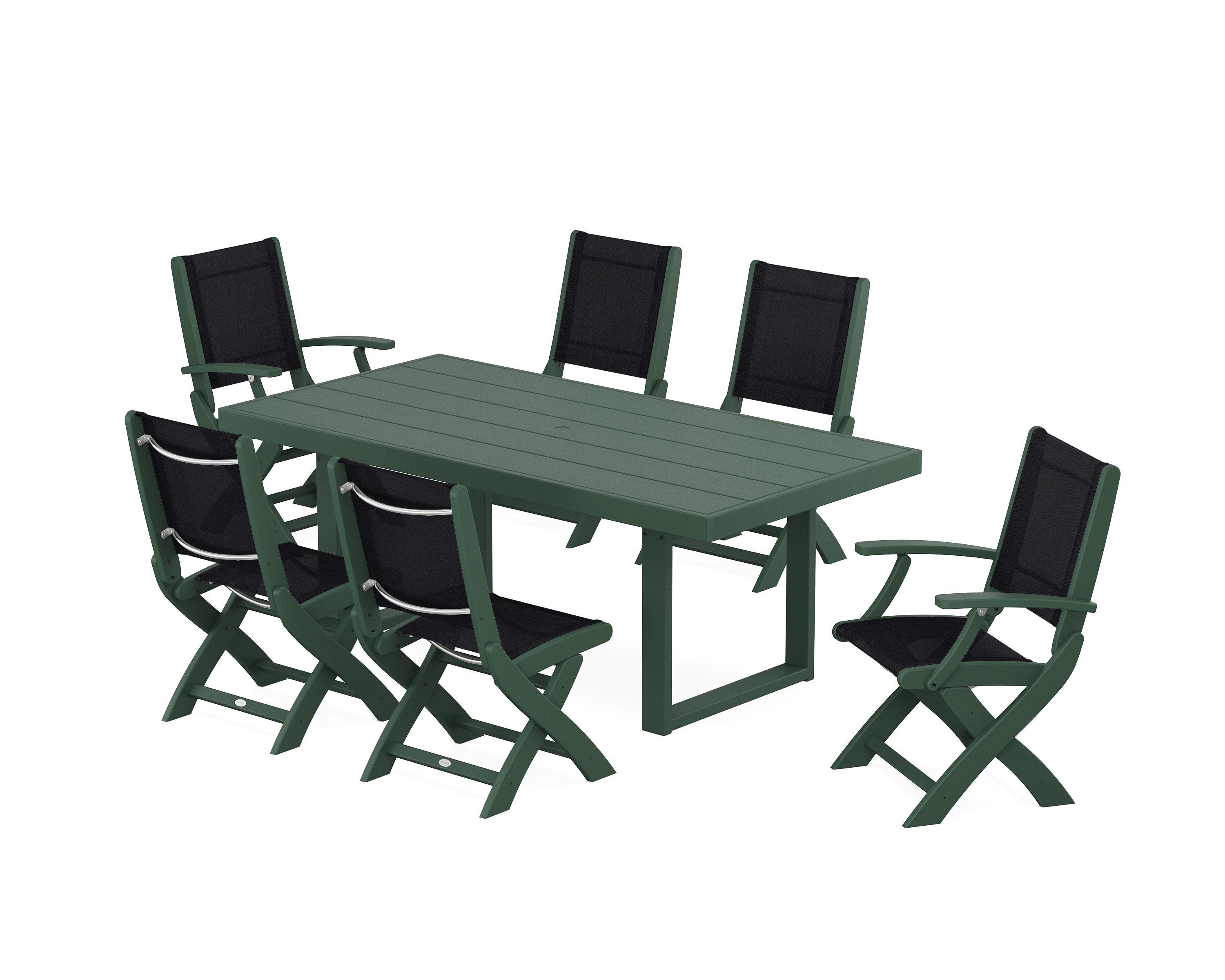 POLYWOOD® Coastal Folding Chair 7-Piece Dining Set with Trestle Legs in Green / Black Sling