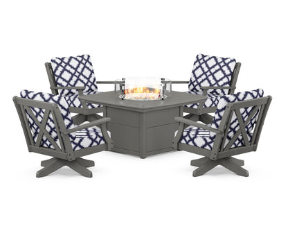 POLYWOOD® Braxton 5-Piece Deep Seating Swivel Conversation Set with Fire Pit Table in Slate Grey / Trellis Navy