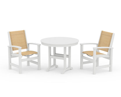 POLYWOOD® Coastal 3-Piece Round Dining Set in White / Dupioni Apricot Sling