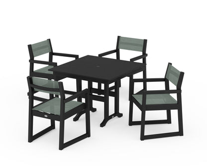 POLYWOOD® EDGE Sling Arm Chair 5-Piece Farmhouse Dining Set in Black / Dupioni Sea Mist Sling
