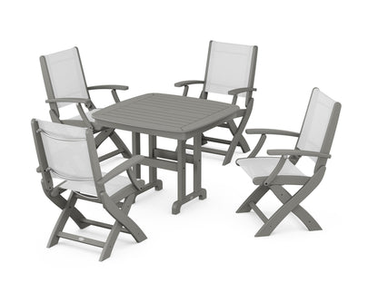 POLYWOOD® Coastal Folding Chair 5-Piece Dining Set in Slate Grey / White Sling
