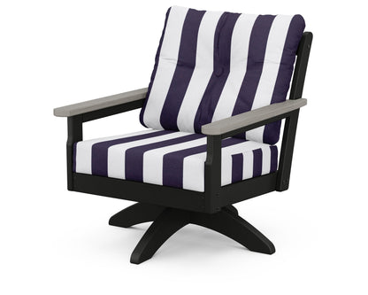 POLYWOOD® Vineyard Deep Seating Swivel Chair in Black / Driftwood / Cabana Stripe Navy