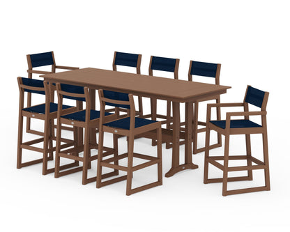 POLYWOOD® EDGE Sling 9-Piece Farmhouse Bar Set with Trestle Legs in Teak / Navy Blue Sling
