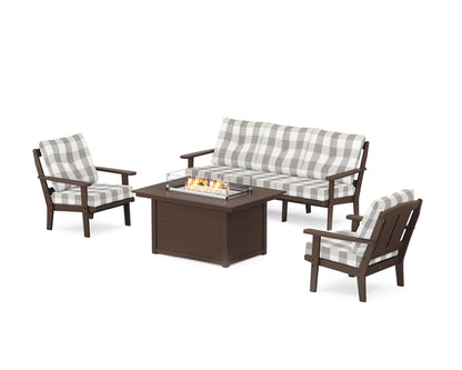 POLYWOOD® Mission Deep Seating Fire Pit Table Set in Mahogany / Buffalo Plaid Grey Mist