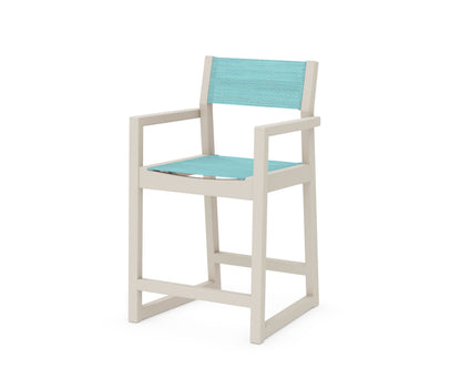 POLYWOOD® EDGE Sling Counter Arm Chair in Sand / Dupioni Aquamarine Sling