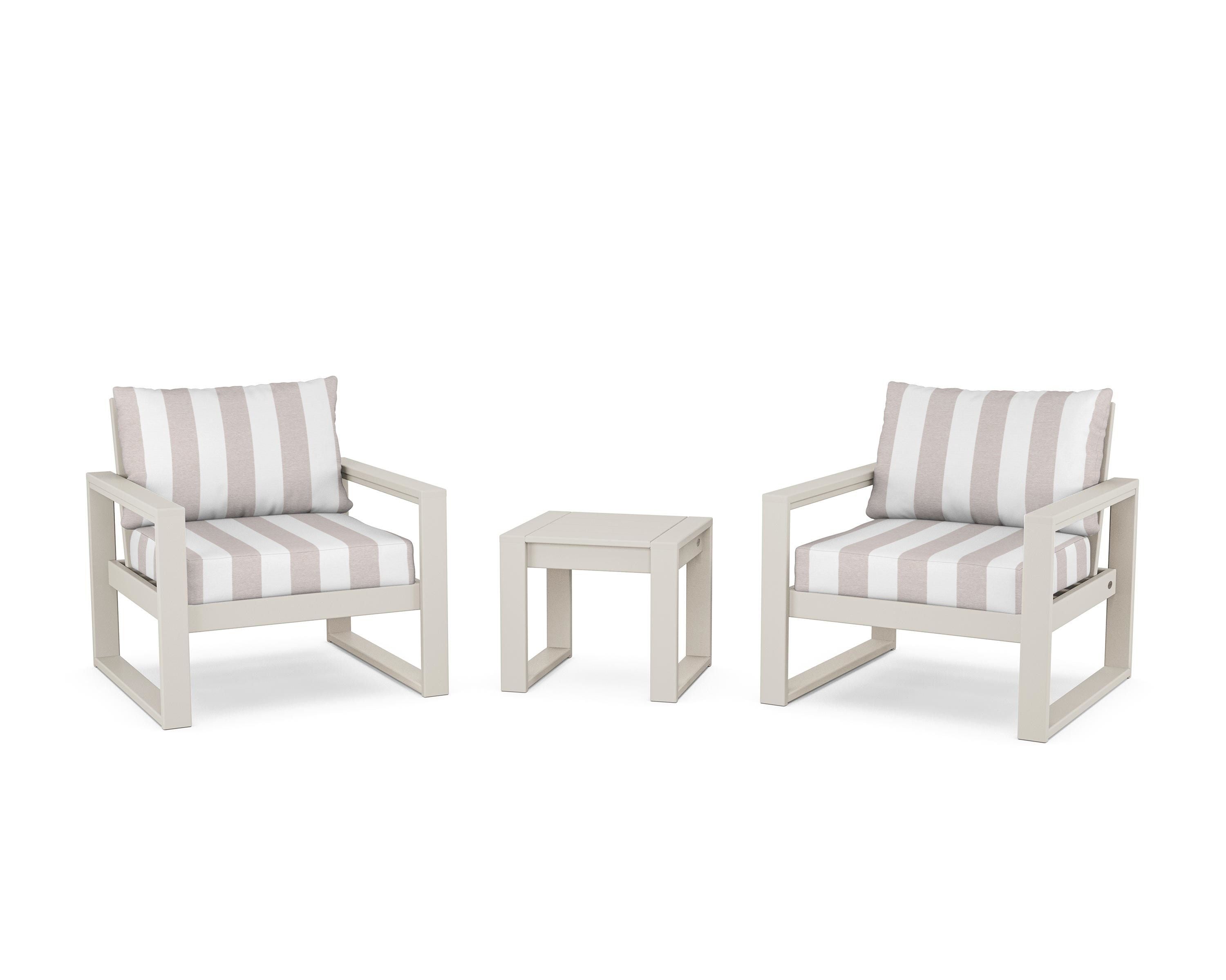 POLYWOOD® EDGE Sectional 3-Piece Deep Seating Set in Sand / Cabana Stripe Dune Burlap