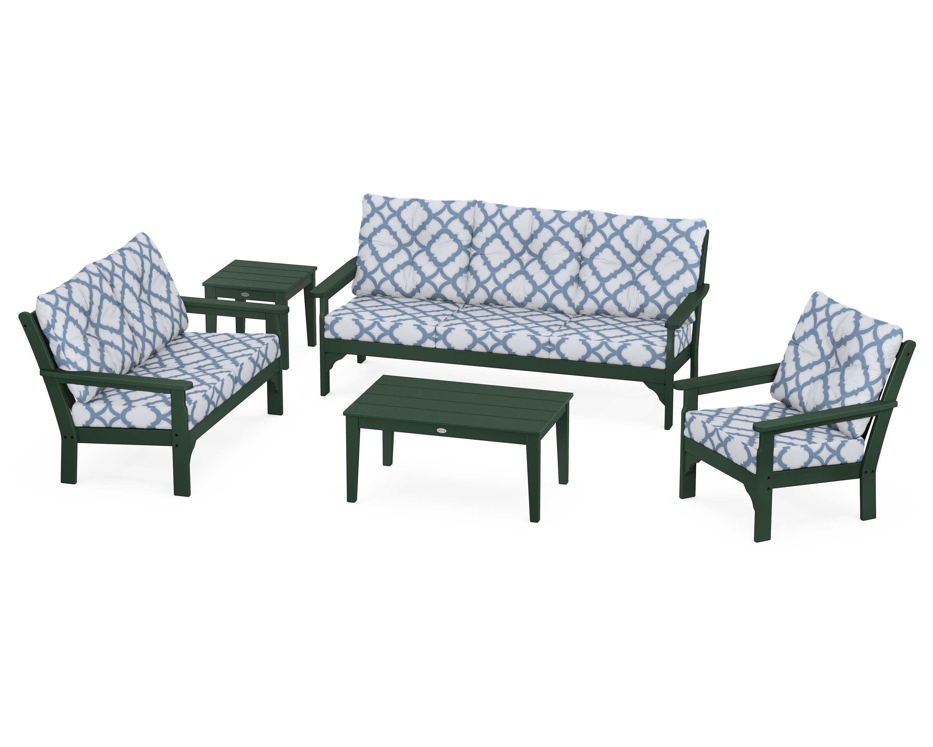 POLYWOOD® Vineyard 5 Piece Deep Seating Set in Green / Trellis Sky Blue