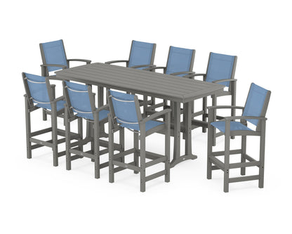 POLYWOOD® Coastal 9-Piece Bar Set with Trestle Legs in Slate Grey / Poolside Sling