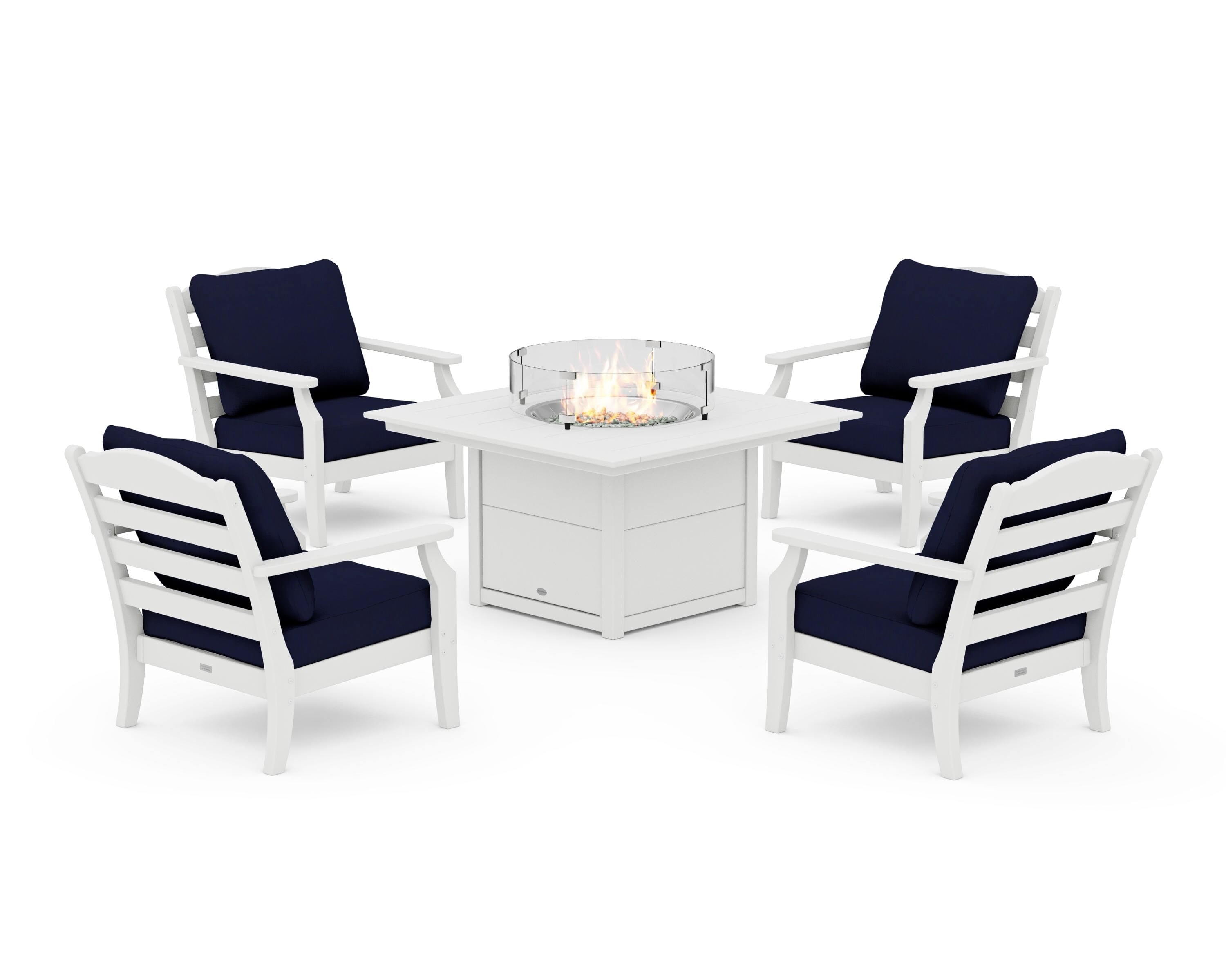 Draper James™ by  POLYWOOD® Savannah 5-Piece Deep Seating Set with Fire Pit Table in White / Navy