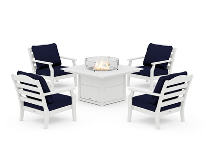 Draper James™ by  POLYWOOD® Savannah 5-Piece Deep Seating Set with Fire Pit Table in White / Navy