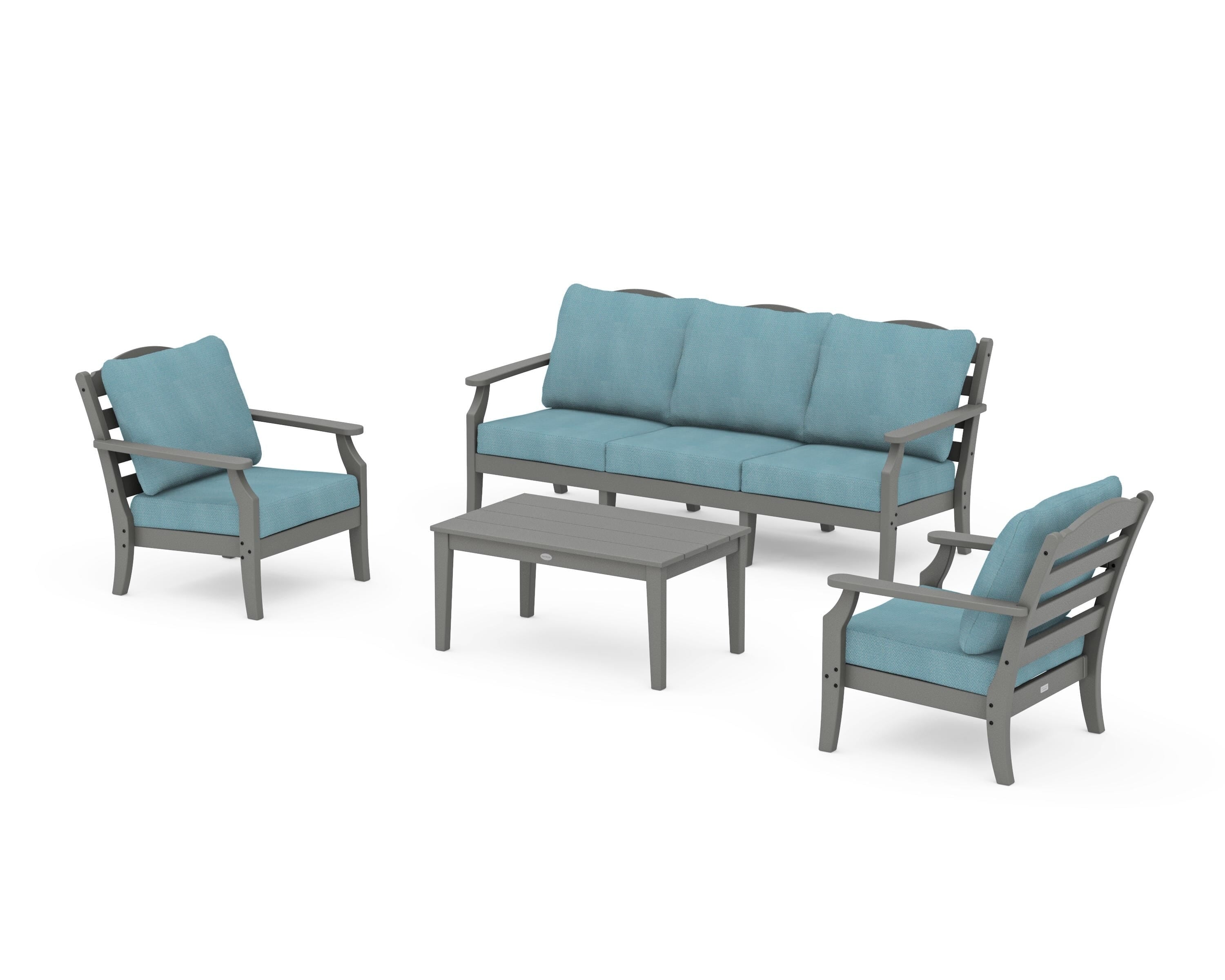 Draper James™ by  POLYWOOD® Savannah 4-Piece Deep Seating Set with Sofa in Slate Grey / Lattice Sky Blue