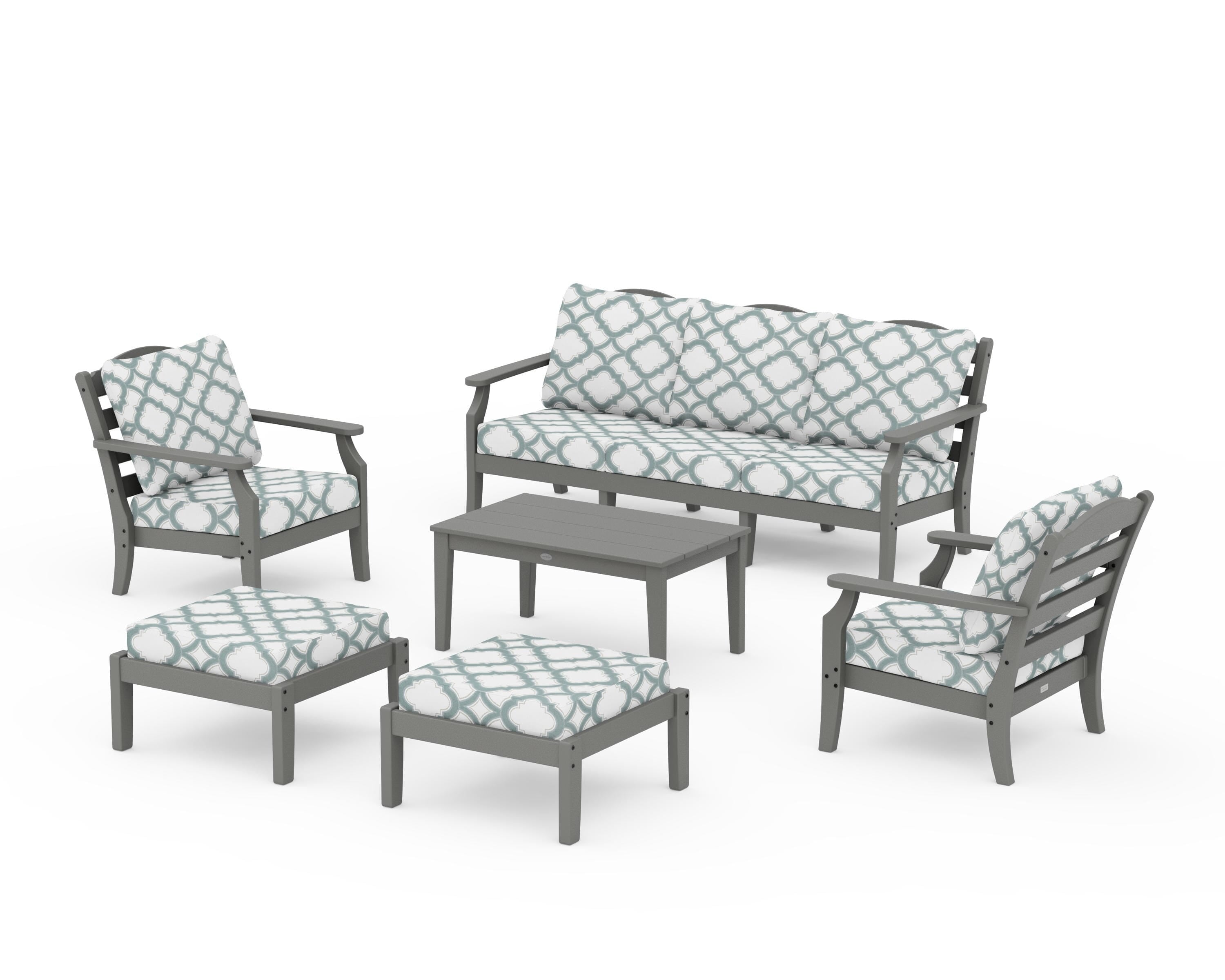 Draper James™ by  POLYWOOD® Savannah 6-Piece Lounge Sofa Set in Slate Grey / Trellis Glacier Spa