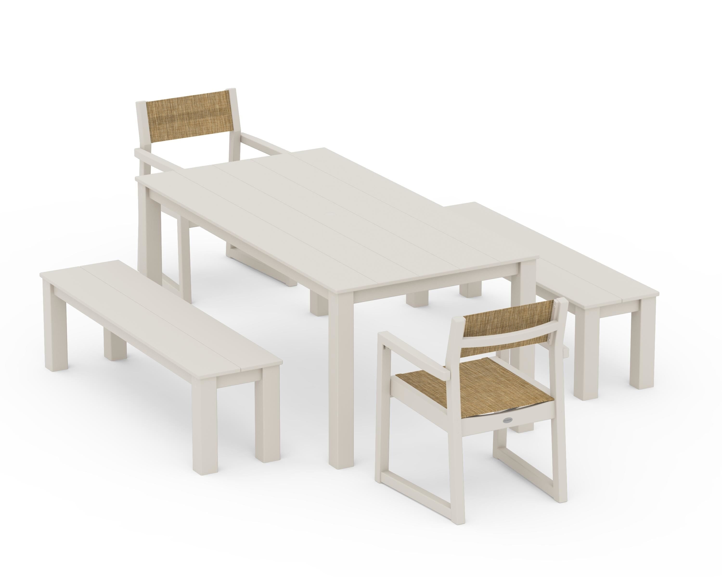 POLYWOOD® EDGE Sling Arm Chair 5-Piece Parsons Dining Set with Benches in Sand / Burlap Sling