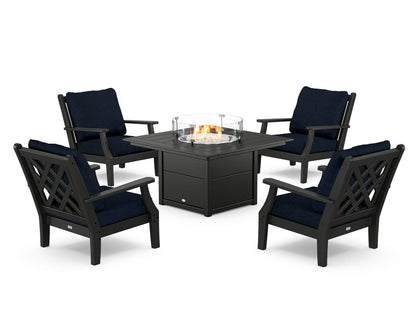 Country Living Wovendale 5-Piece Deep Seating Set with Fire Pit Table in Black / Marine Indigo