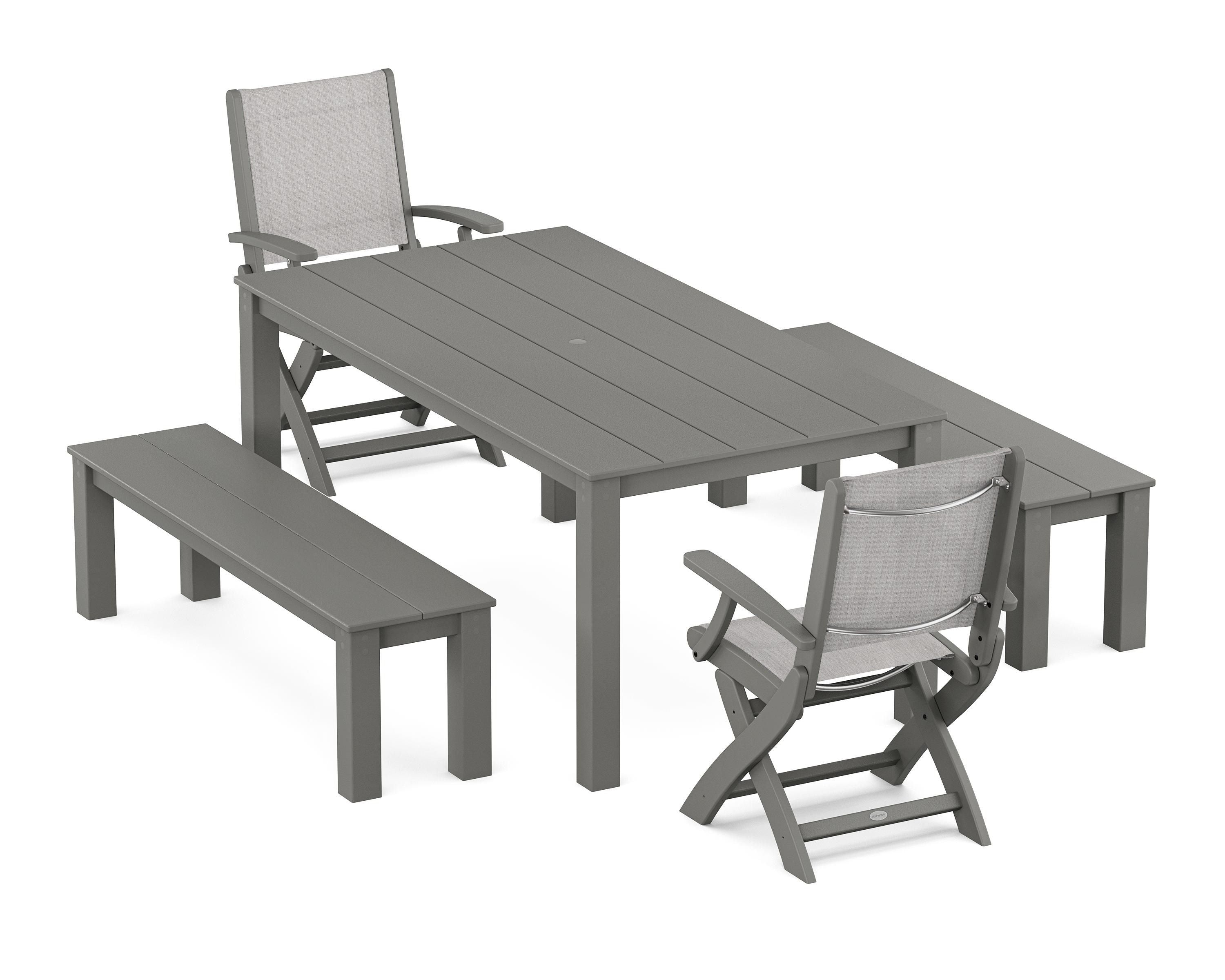 POLYWOOD® Coastal Folding Chair 5-Piece Parsons Dining Set with Benches in Green / Black Sling