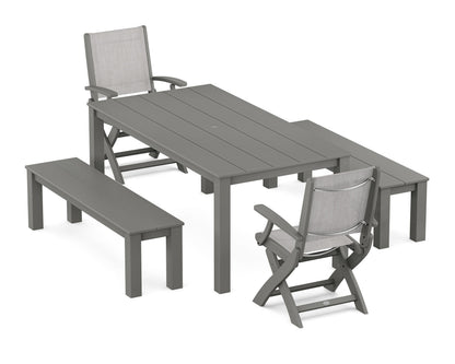 POLYWOOD® Coastal Folding Chair 5-Piece Parsons Dining Set with Benches in Green / Black Sling