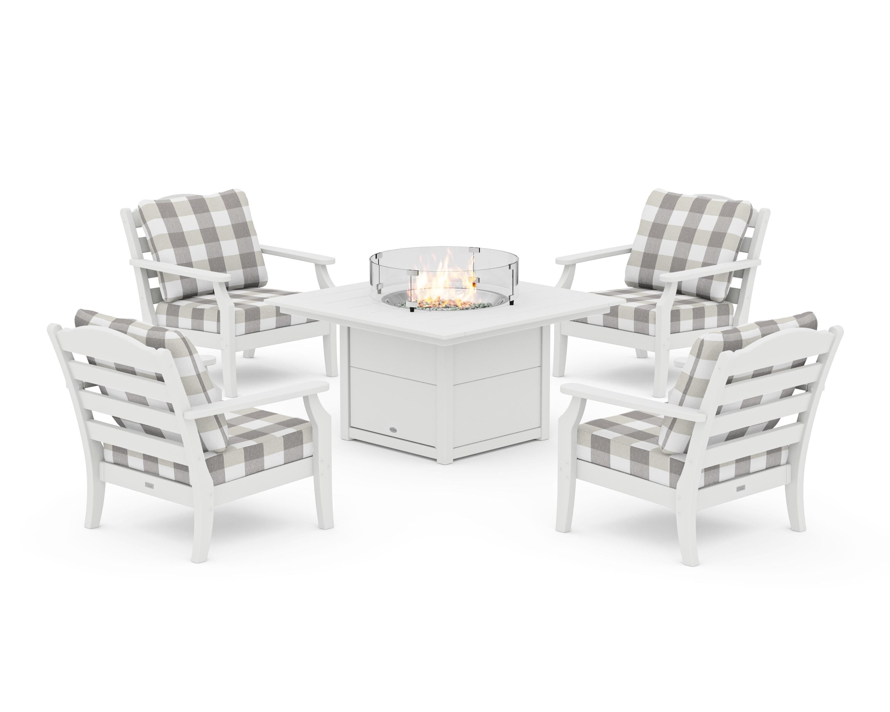 Draper James™ by  POLYWOOD® Savannah 5-Piece Deep Seating Set with Fire Pit Table in White / Buffalo Plaid Grey Mist