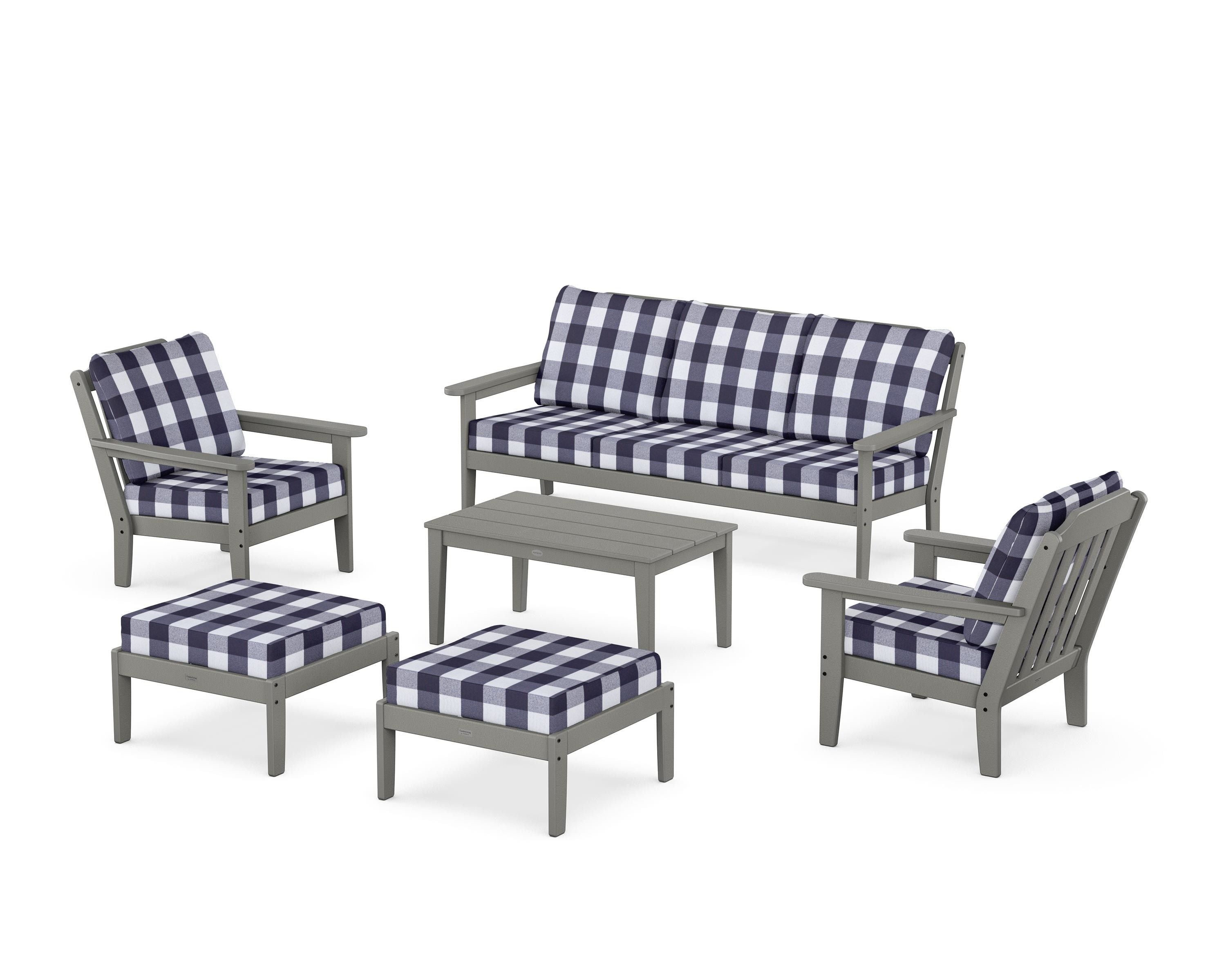 Country Living Cottage 6-Piece Lounge Sofa Set in Slate Grey / Buffalo Plaid Navy