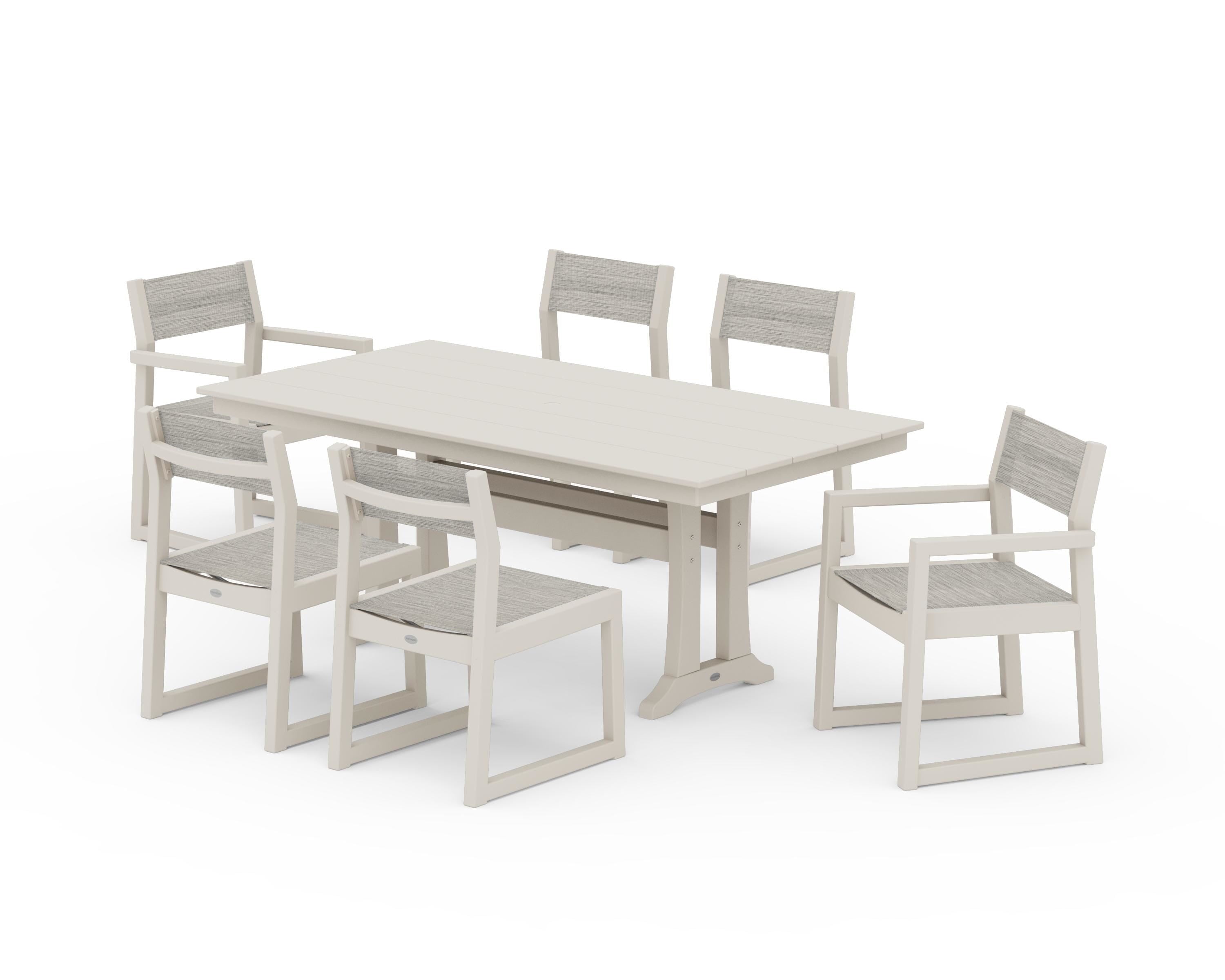 POLYWOOD® EDGE Sling 7-Piece Farmhouse Trestle Dining Set in Sand / Birch Sling
