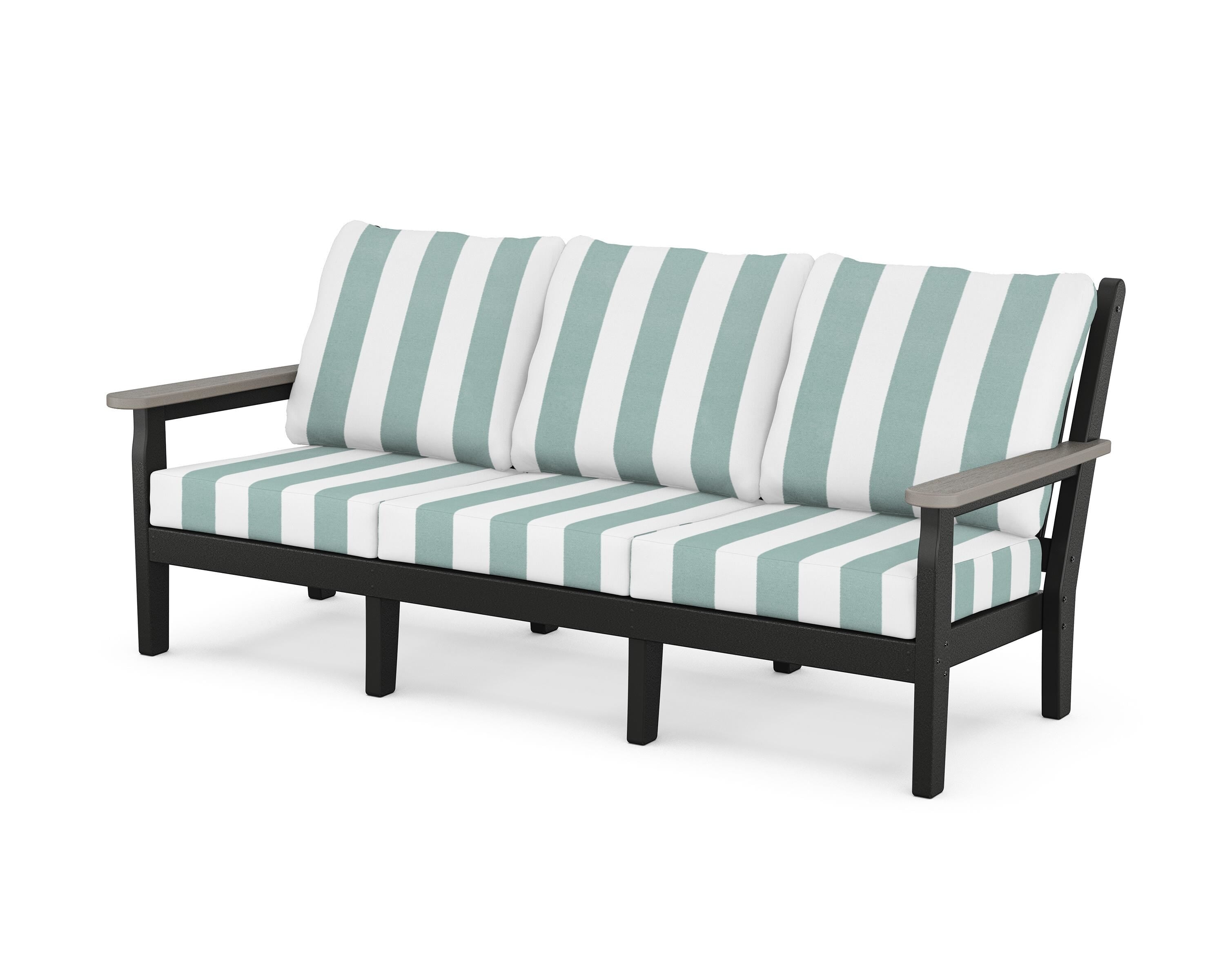 POLYWOOD® Chippendale Deep Seating Sofa in Black / Driftwood / Cabana Stripe Glacier Spa