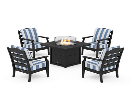 Draper James™ by  POLYWOOD® Savannah 5-Piece Deep Seating Set with Fire Pit Table in Black / Cabana Stripe Sky Blue