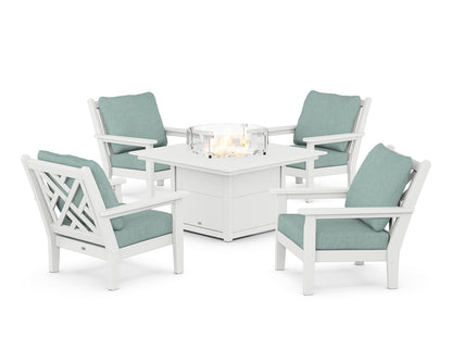 POLYWOOD® Chippendale 5-Piece Deep Seating Set with Fire Pit Table in White / Glacier Spa
