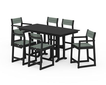 POLYWOOD® EDGE Sling 7-Piece Farmhouse Counter Set in Black / Dupioni Sea Mist Sling
