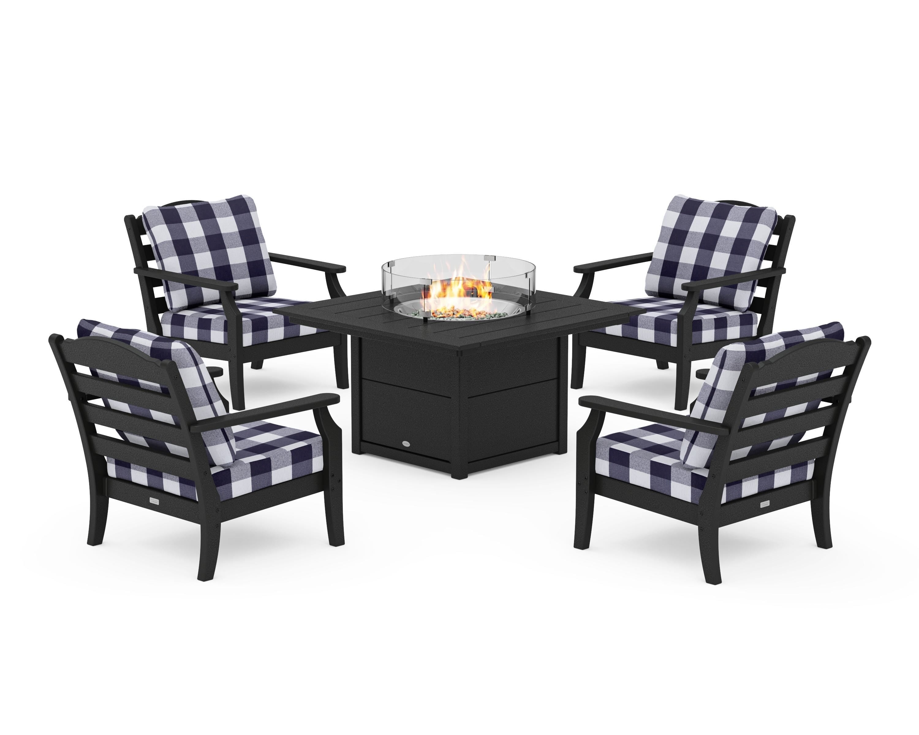 Draper James™ by  POLYWOOD® Savannah 5-Piece Deep Seating Set with Fire Pit Table in Black / Buffalo Plaid Navy