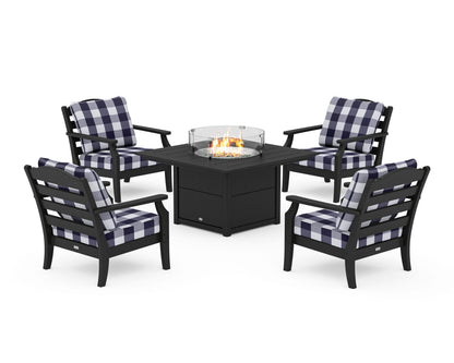 Draper James™ by  POLYWOOD® Savannah 5-Piece Deep Seating Set with Fire Pit Table in Black / Buffalo Plaid Navy