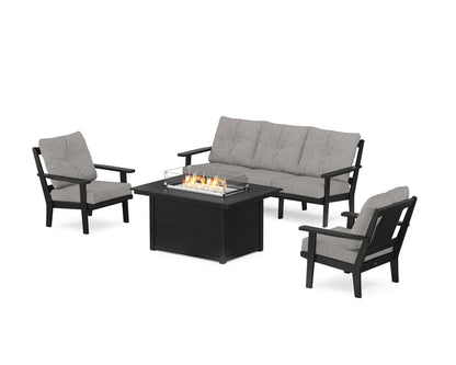 POLYWOOD® Prairie Deep Seating Fire Pit Table Set in Black / Grey Mist