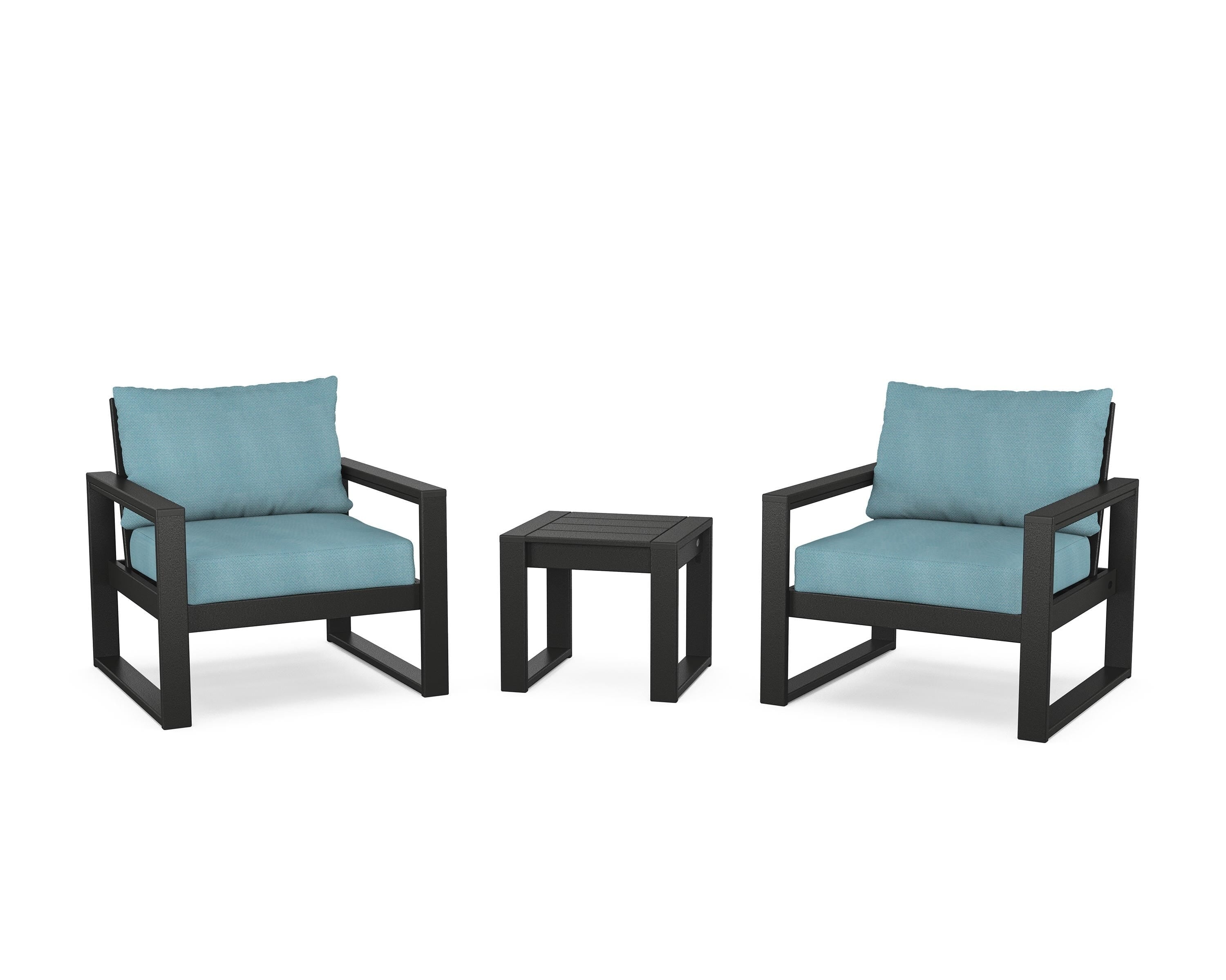 POLYWOOD® EDGE Sectional 3-Piece Deep Seating Set in Black / Lattice Sky Blue