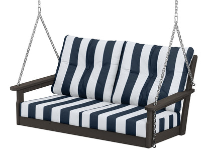 POLYWOOD® Vineyard Deep Seating Swing in Vintage Coffee / Cabana Stripe Marine Indigo